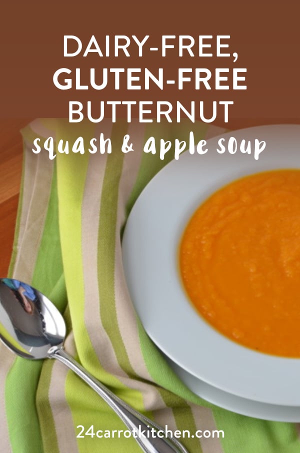 The BEST Dairy-Free Butternut Squash & Apple Soup Recipe! Use freshly roasted butternut squash for a delicious homemade soup! #Paleo Gluten-free #grain-free #dairy-free #soup #Paleosoup #fallrecipes #butternutsquash Paleosides via 24carrotkitchen.com