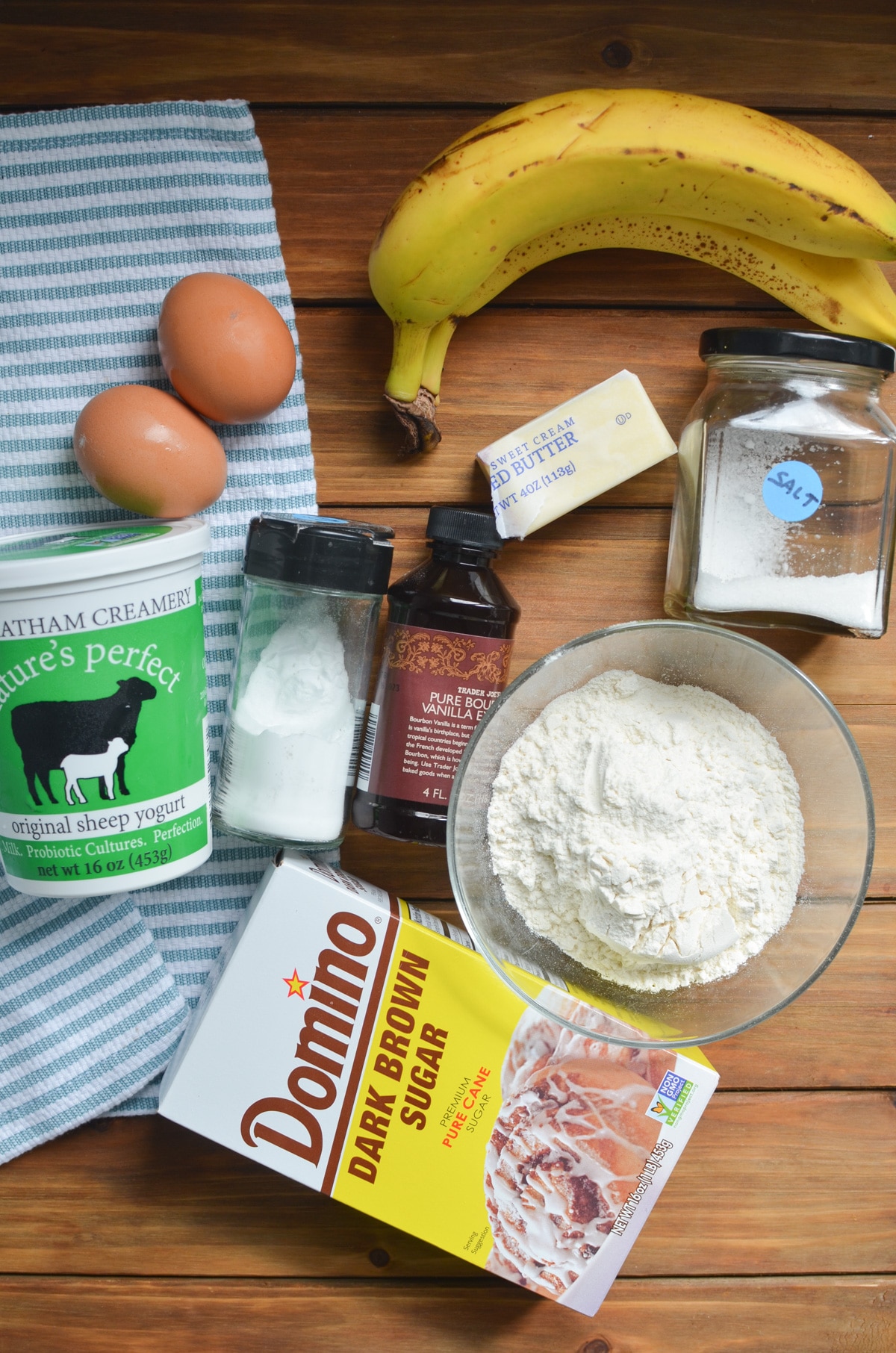 ingredients for banana bread recipe on counter.
