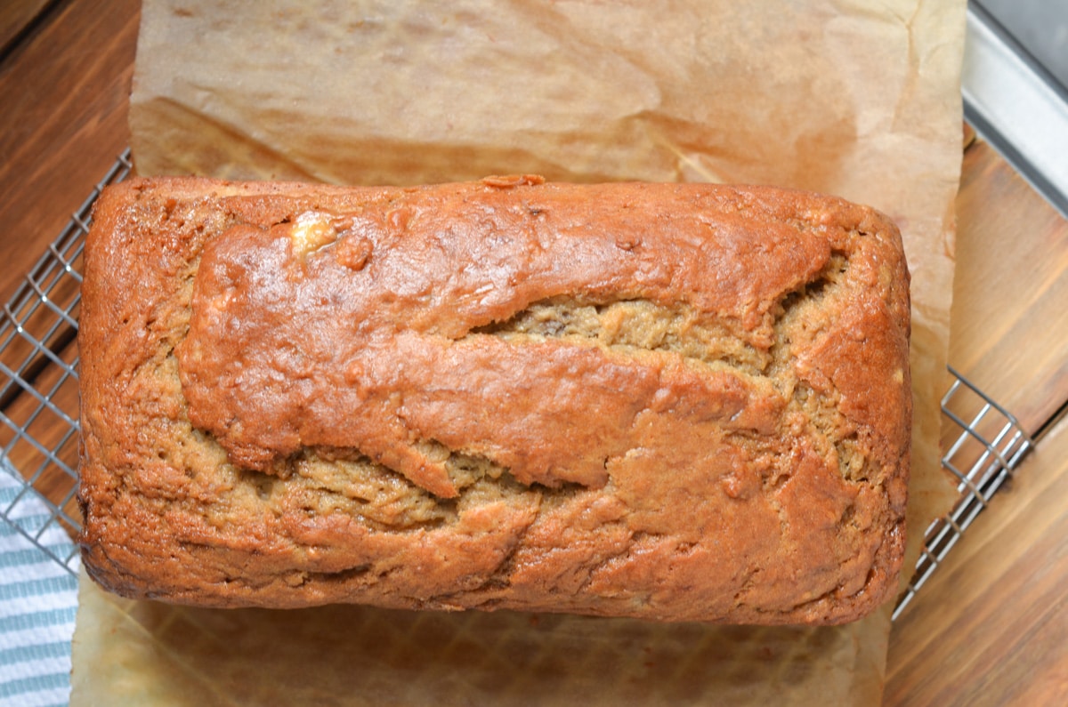 banana bread loaf on counter.