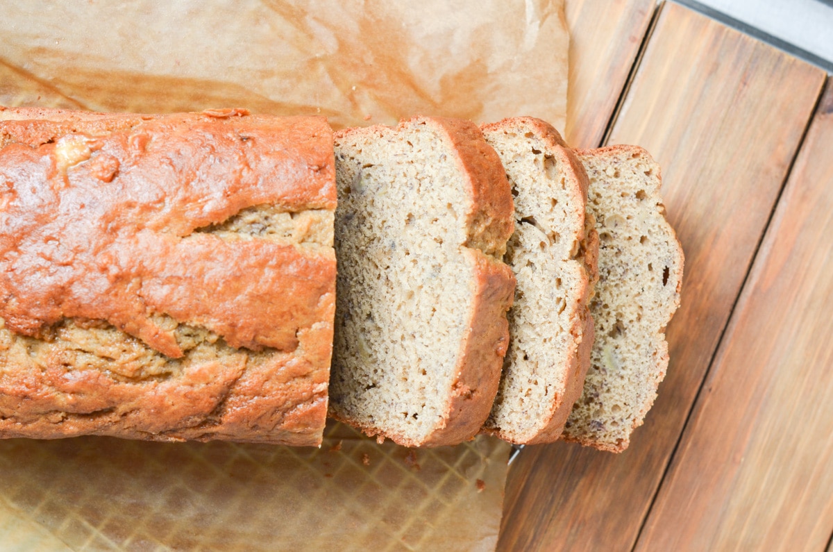 banana bread sliced on counter.