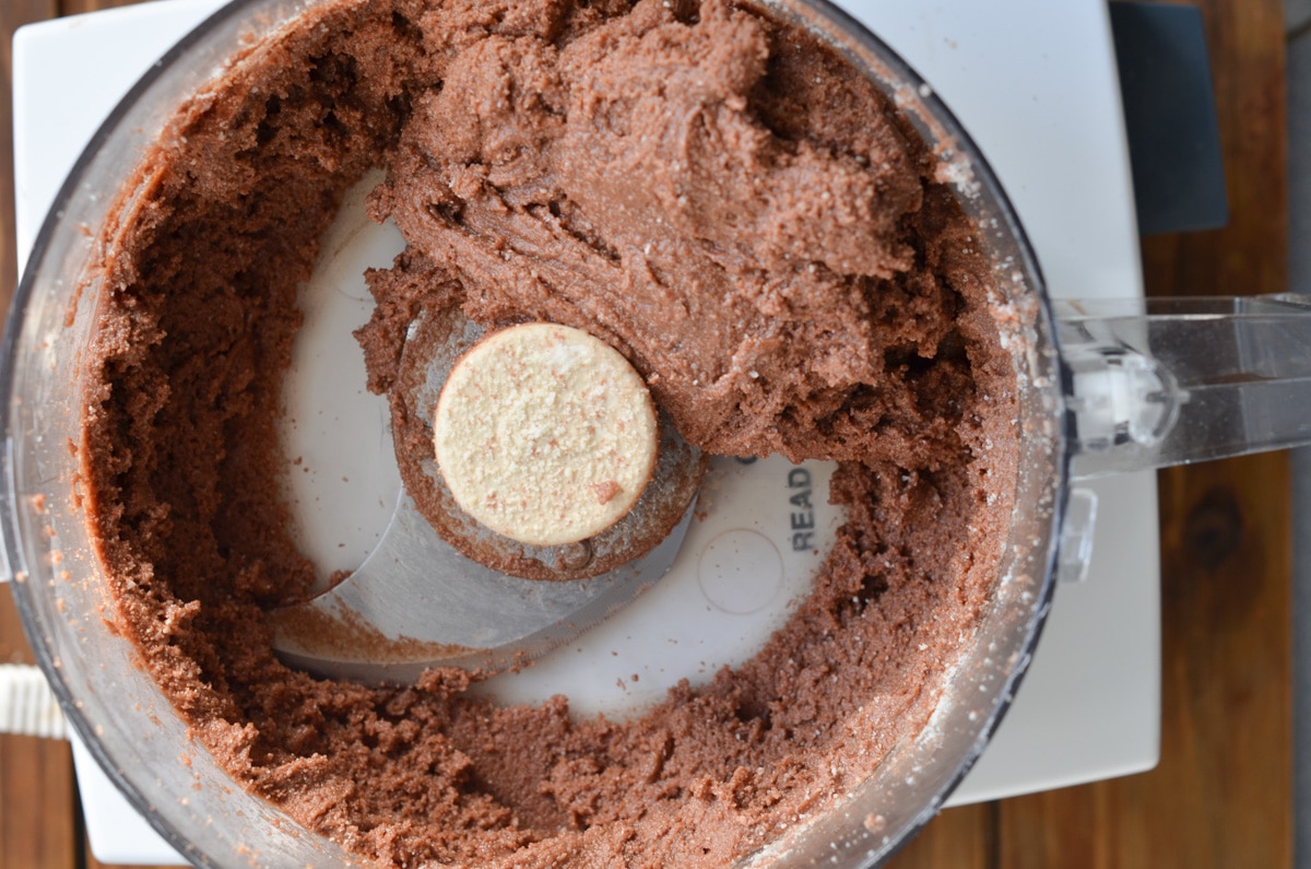 batter for chocolate peppermint cookies blended in food processor.