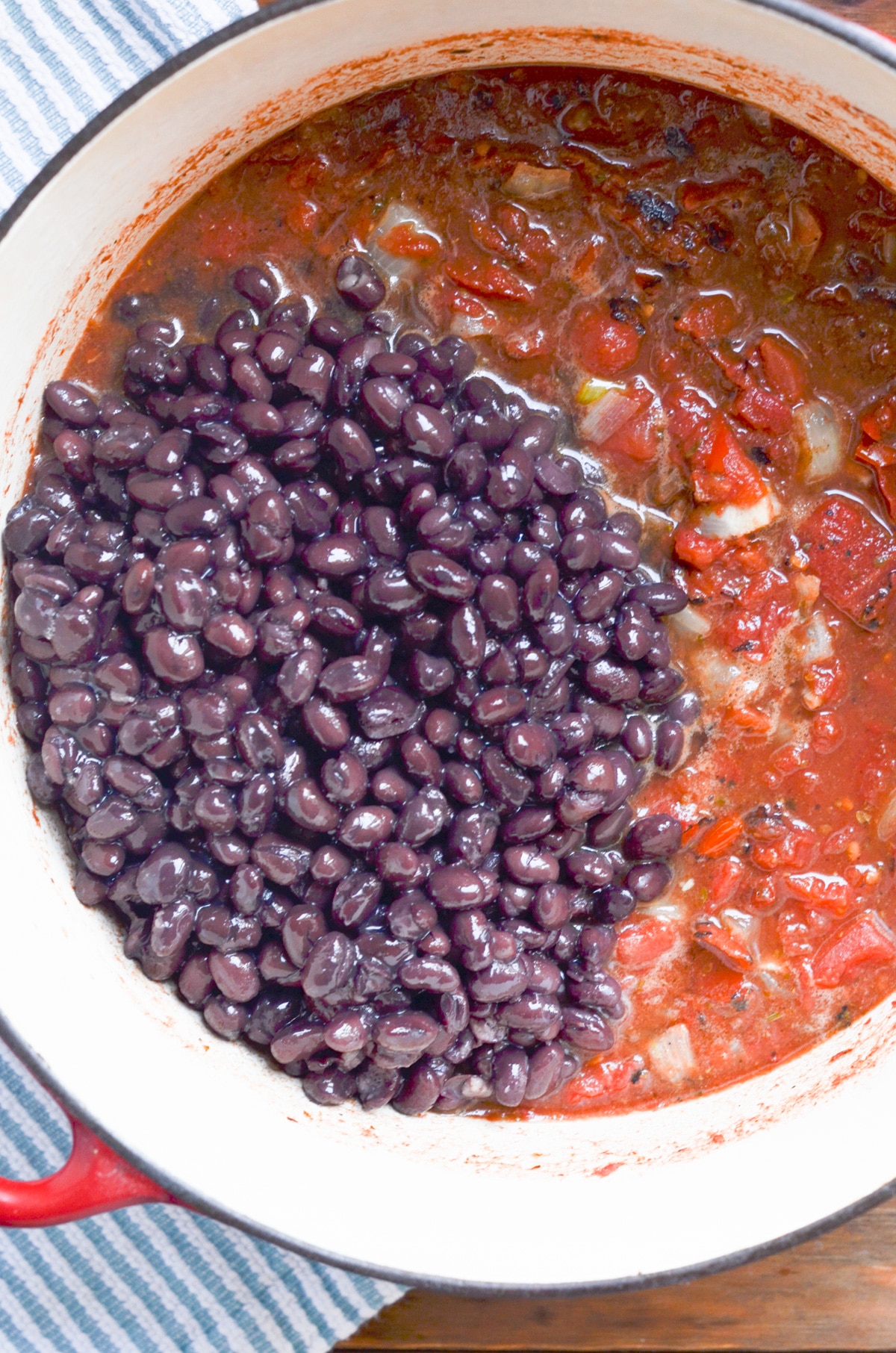 black beans added to stock pot.