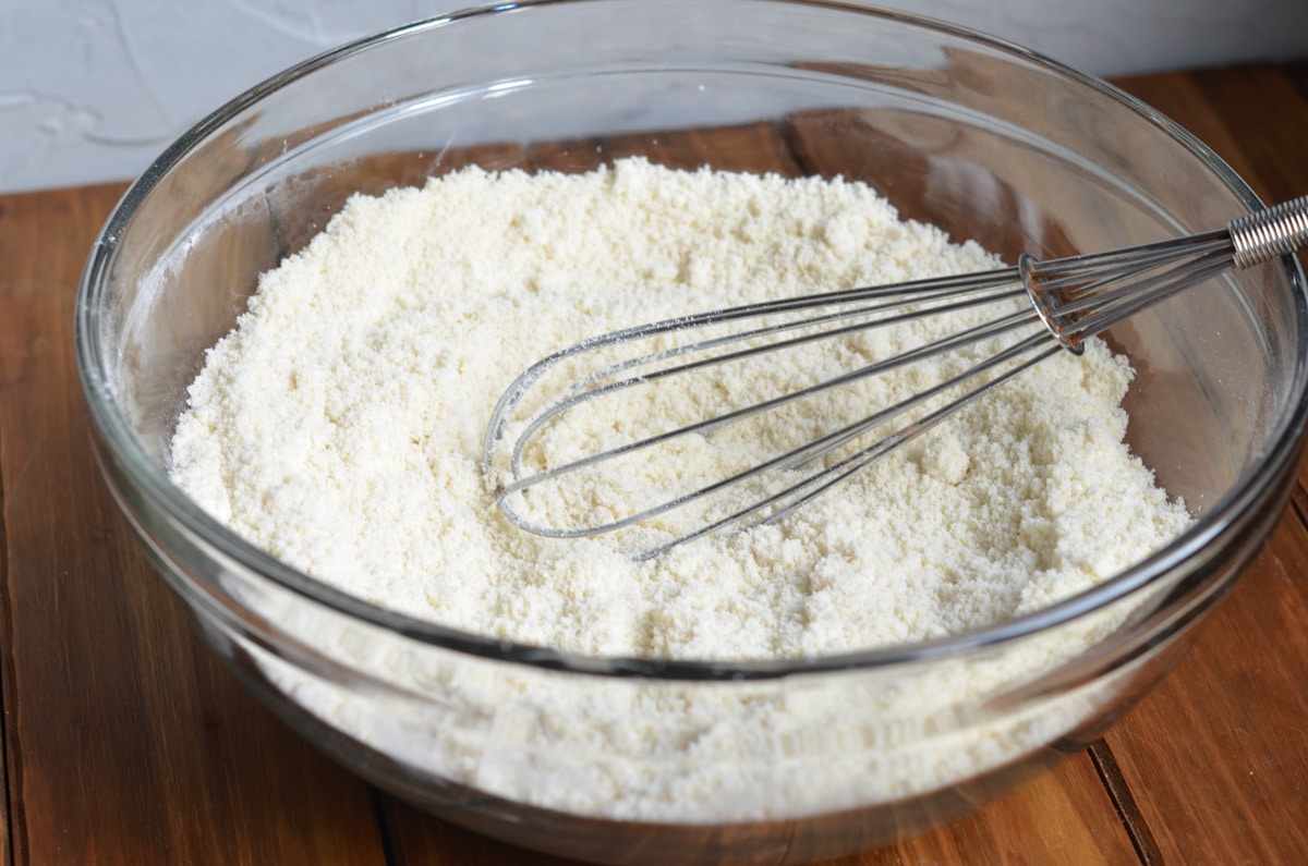 Mixing bowl with dry ingredients for Gluten-Free Irish American Scones recipe.