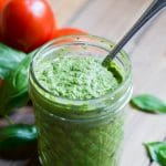 Dairy-Free Pesto in glass jar.