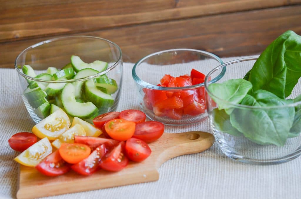 Ingredients for Panzanella Salad Recipe on table.