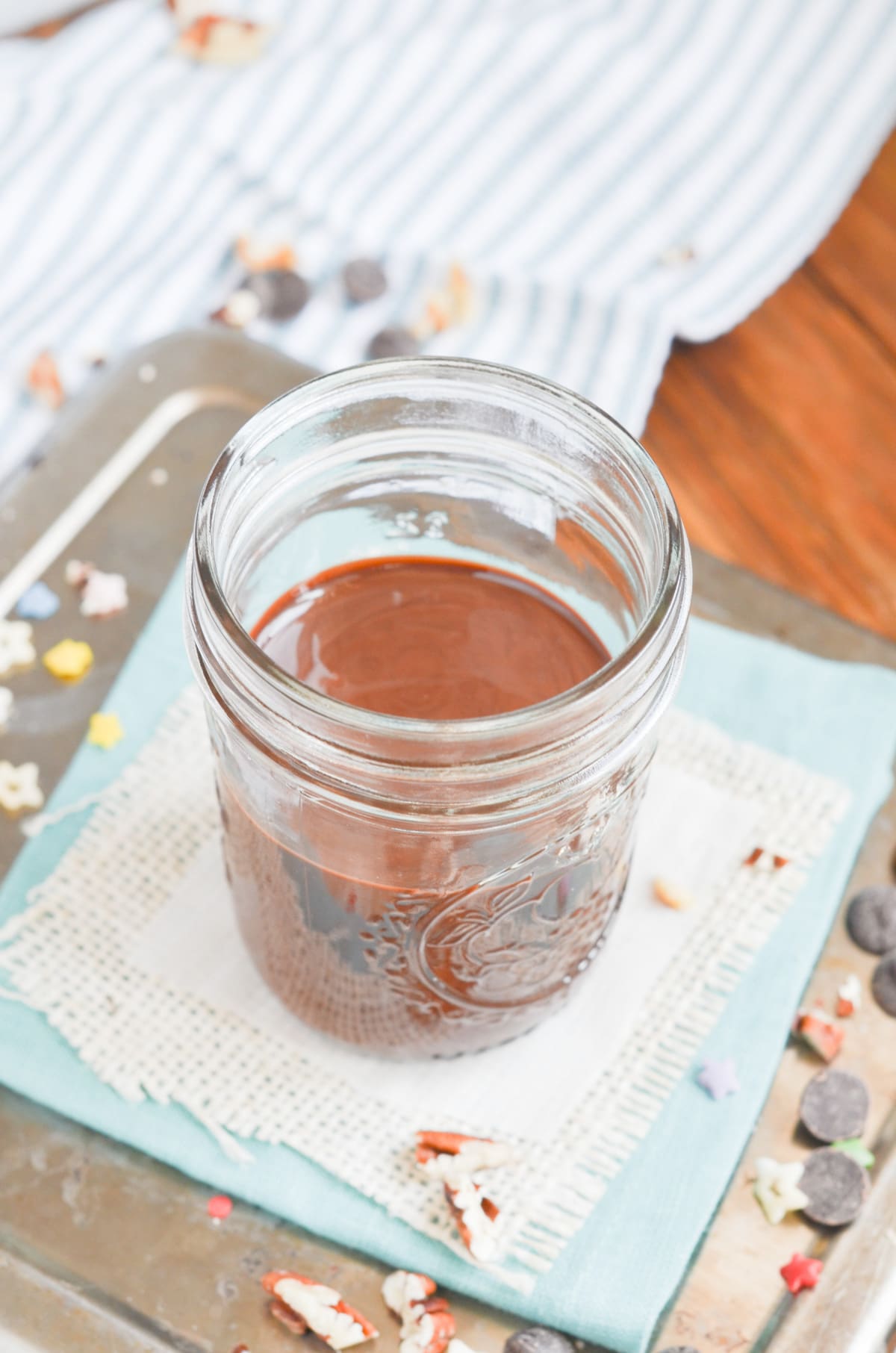 chocolate shell in glass jar.