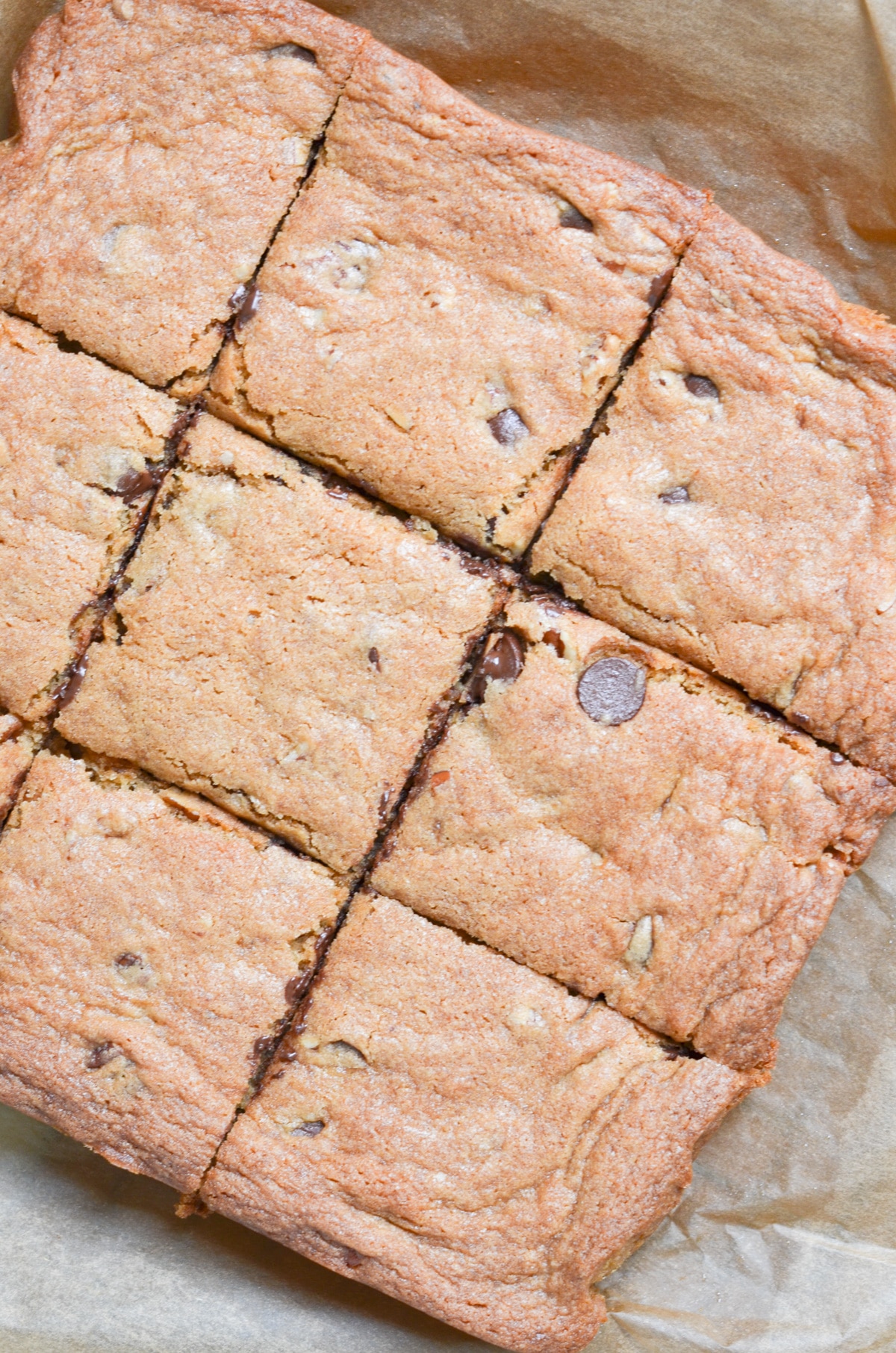 Baked chocolate chip blondies on parchment paper cut into 9 pieces.