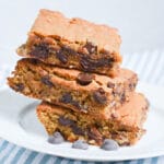 ingredients for chocolate chip blondies in mixing bowl.