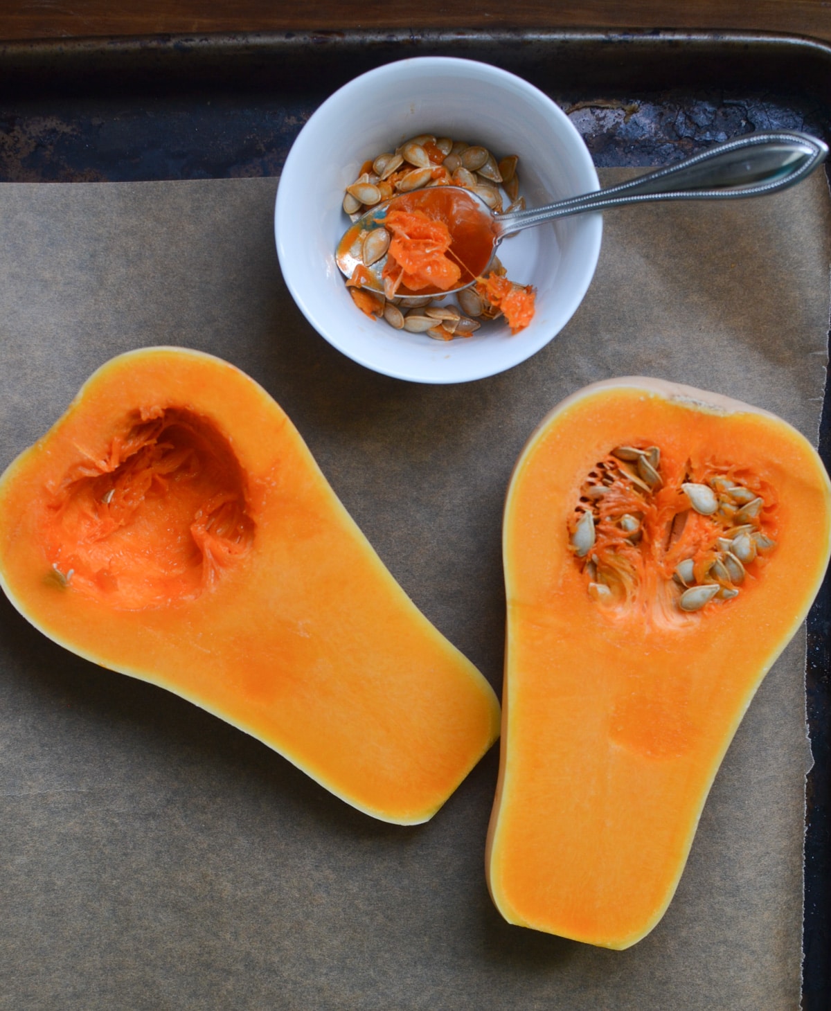 butternut squash cut in half.