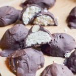 Mounds bars on baking sheet.
