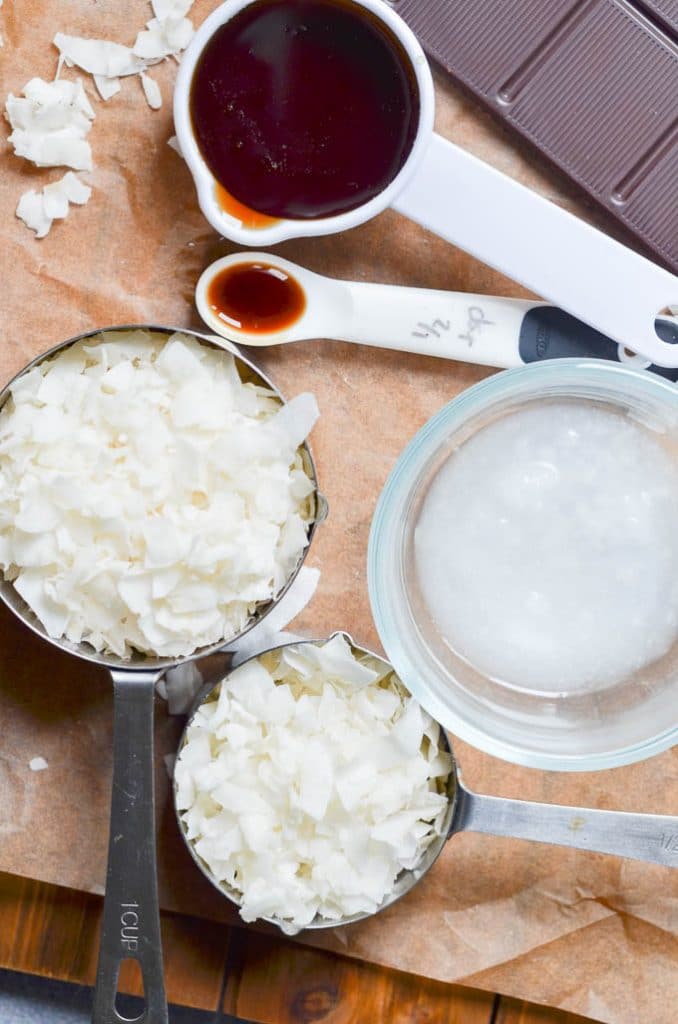 Ingredients for homemade mounds bars on counter.