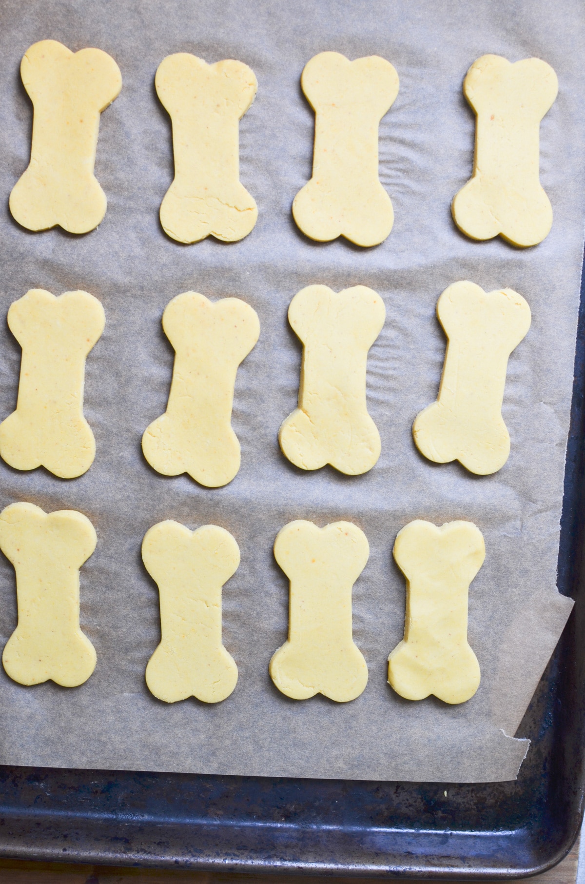 dog biscuits on baking sheet ready for the oven.