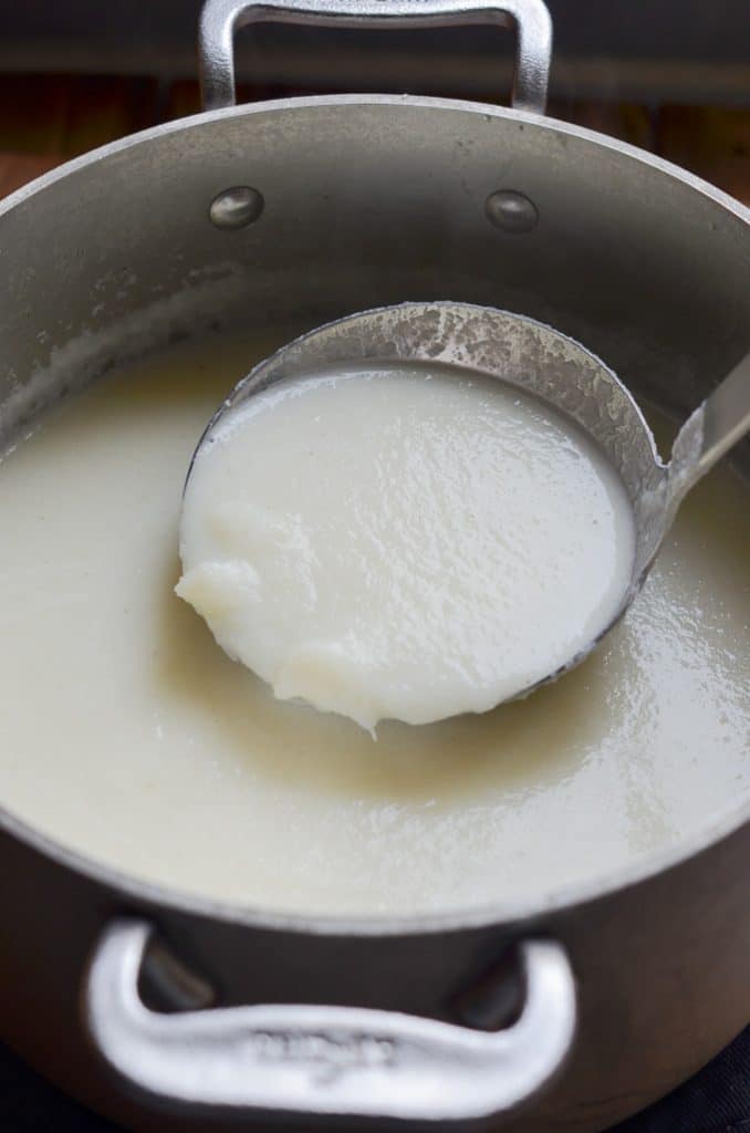 vegan cauliflower soup in pot.