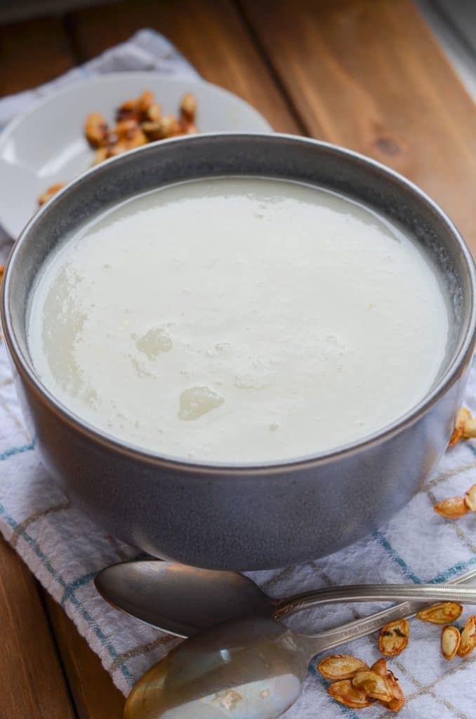 vegan cauliflower soup in bowl.