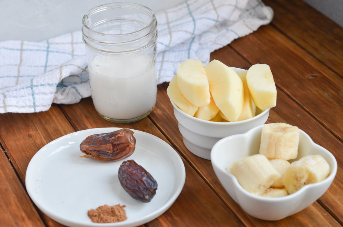 ingredients for apple smoothie on counter.