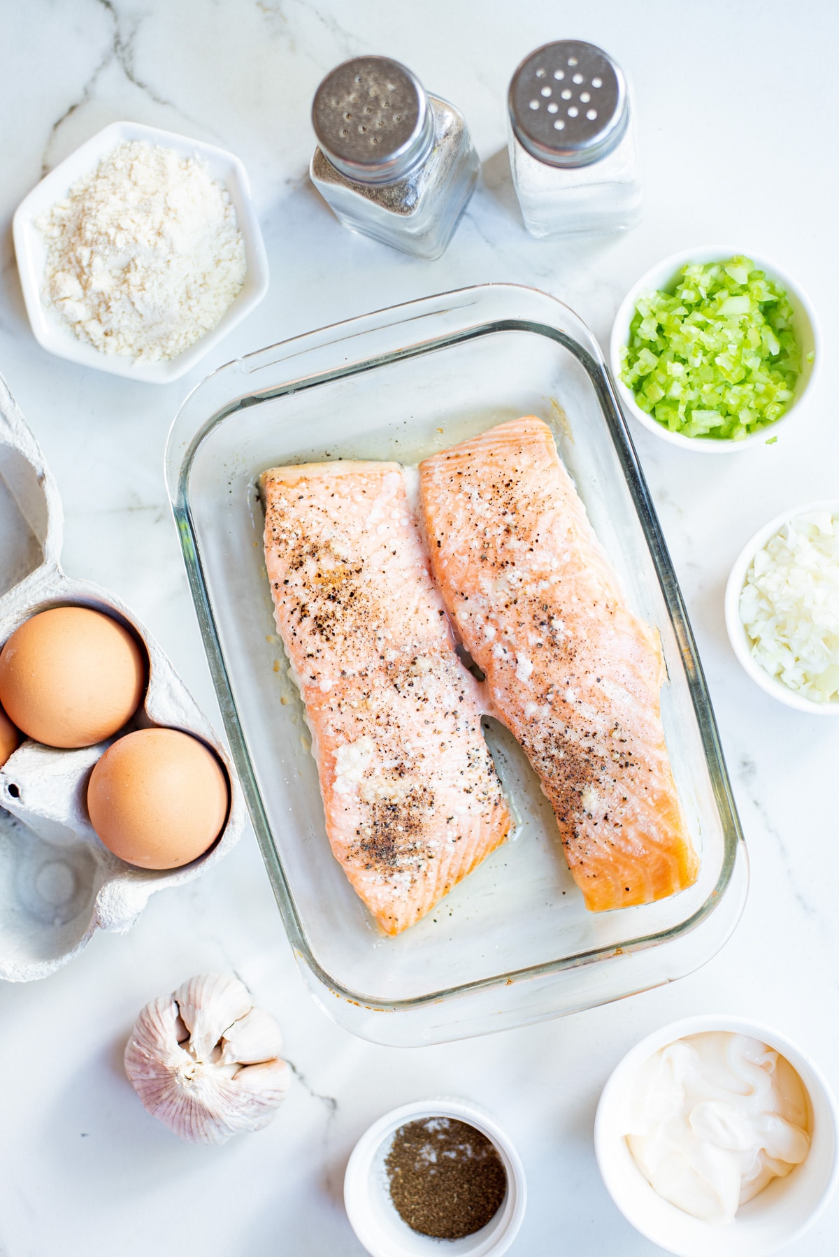 ingredients for salmon cakes on counter.