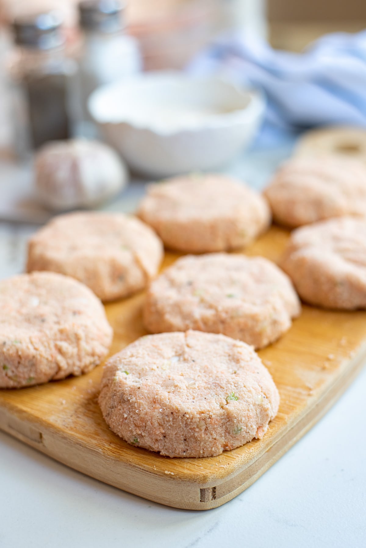 salmon patties ready to be sauteed.