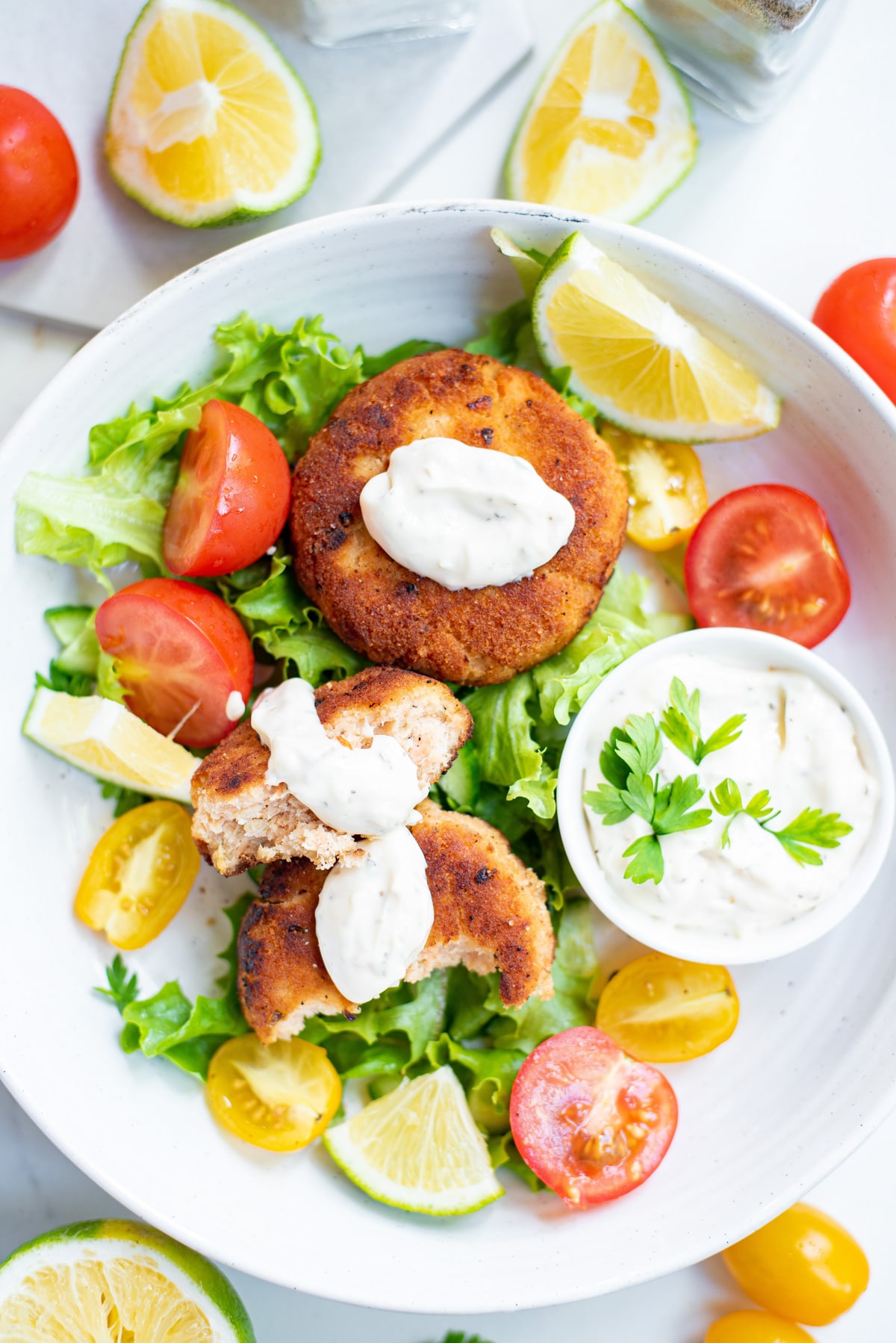 salmon cakes with dill sauce.