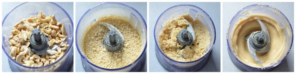 4 photos of cashews in food processor showing process to make cashew butter - 24 Carrot Kitchen