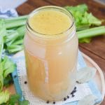 Chicken bone broth in glass jar.