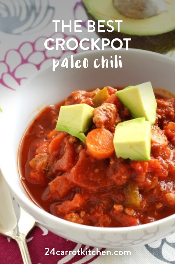 Delicious Paleo- Whole30 turkey chili made in the crockpot (slow cooker)! Great for game day, make-ahead, dinner. #Paleo #gluten-free #dairy-free #slowcooker #paleodinner #grain-free