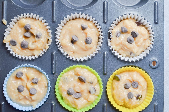 Fill six muffin liners with the coconut flour muffin batter. Top with a few extra chocolate chips.