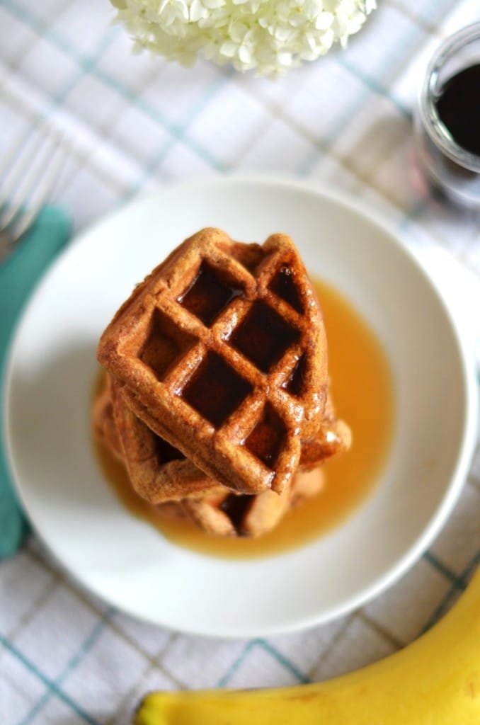 Paleo Pumpkin Waffles on a plate with maple syrup- 24 Carrot Kitchen