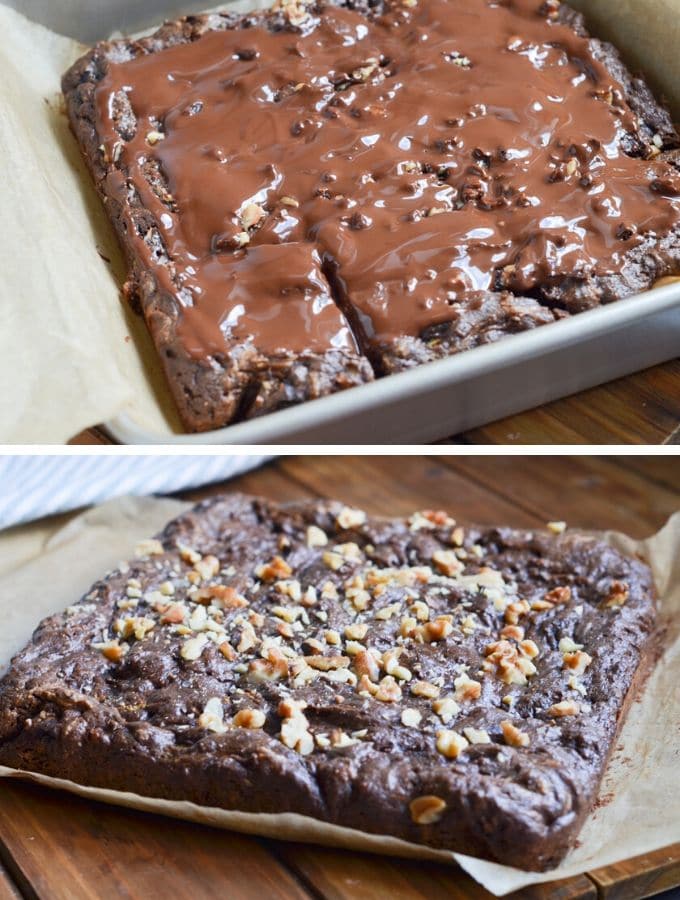 two photos showing baked zucchini brownies in pan with icing and one on parchment paper uncut.