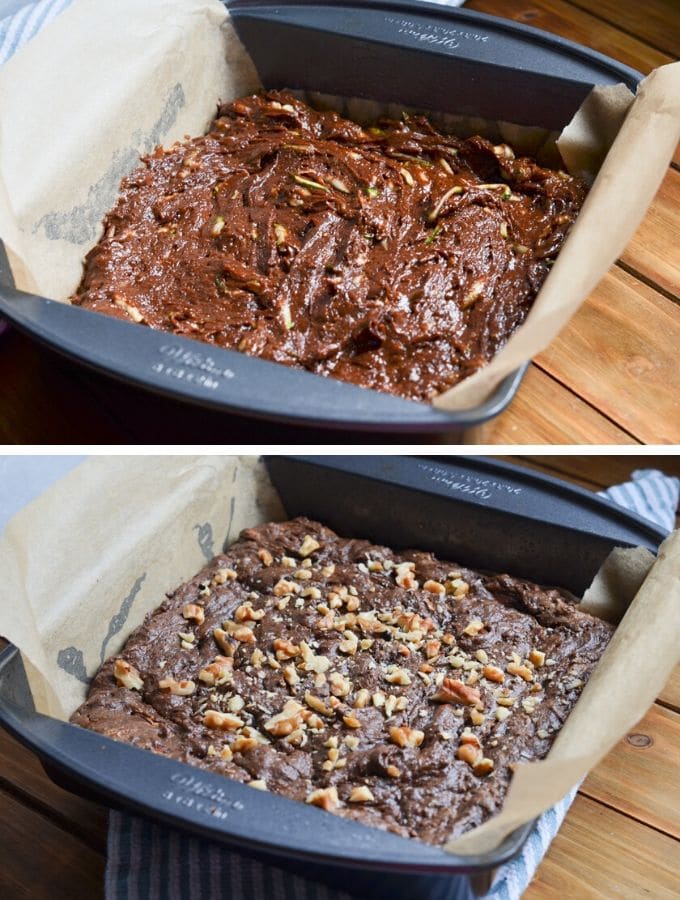 two photos showing zucchini batter in parchment lined baking pan and baked zucchini brownies in pan.