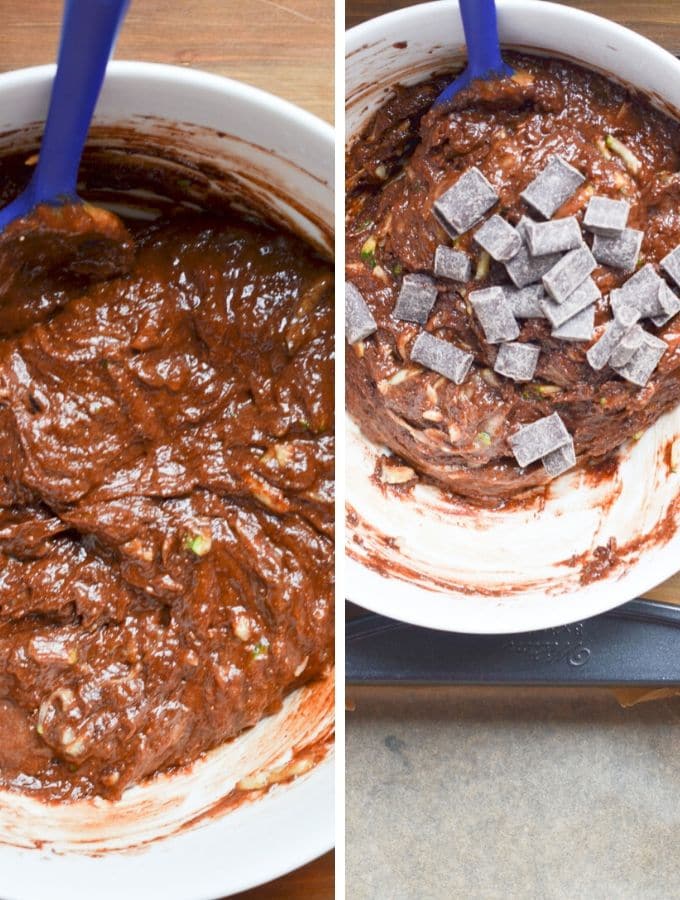 two photos showing the zucchini batter in mixing bowl.