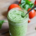 Dairy-Free pesto in glass jar.