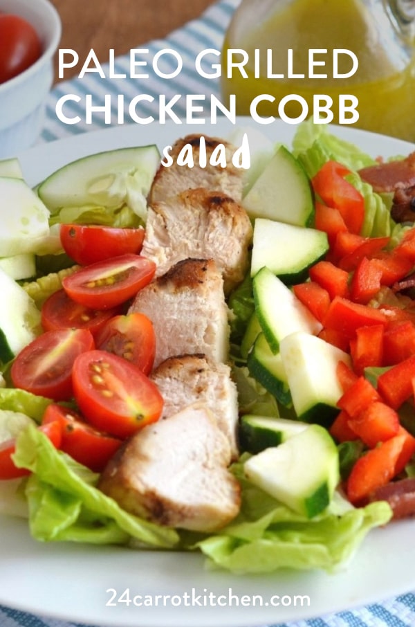 Amazing Grilled Chicken Cobb Salad that is great for one or prepare additional for a crowd! Wonderful at parties, cookouts, and meal-prep for weekday lunches and dinners! #Paleocobb #Paleosalad #Paleo #gluten-free #grain-free #dairy-free #Paleodinners #Paleolunches