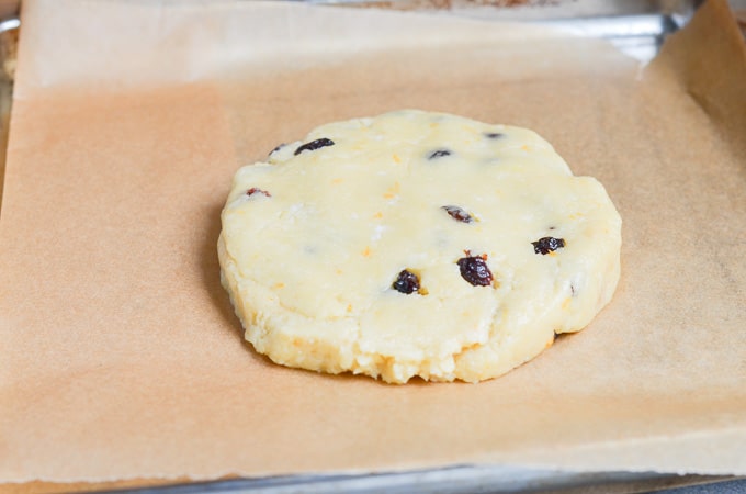 Paleo scones dough rolled into a round on baking sheet.