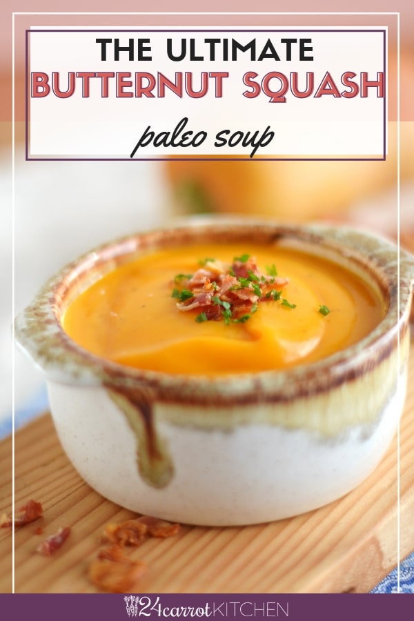There are only three ingredients in this Paleo butternut squash soup! Freezer friendly! #Paleo #butternutsquash #soup