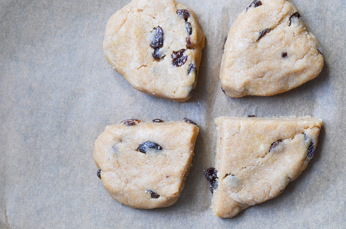 gluten-free cinnamon raisin scones on parchment lined baking sheet ready for oven.