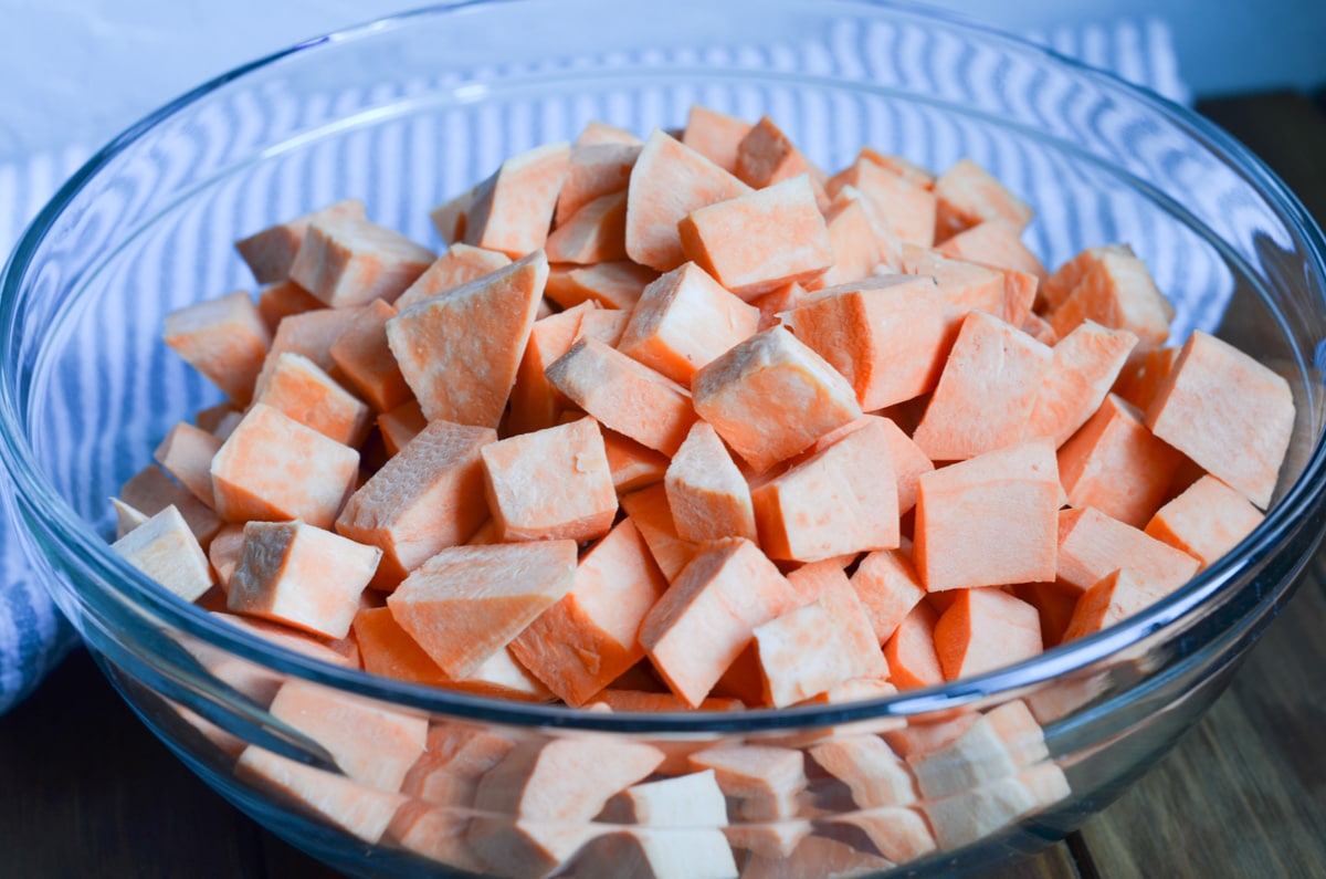 bowl of chopped sweet potatoes.