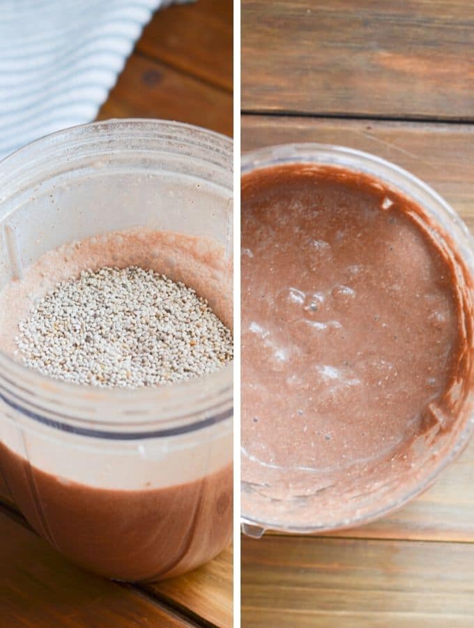 chocolate chia pudding in blender cup.