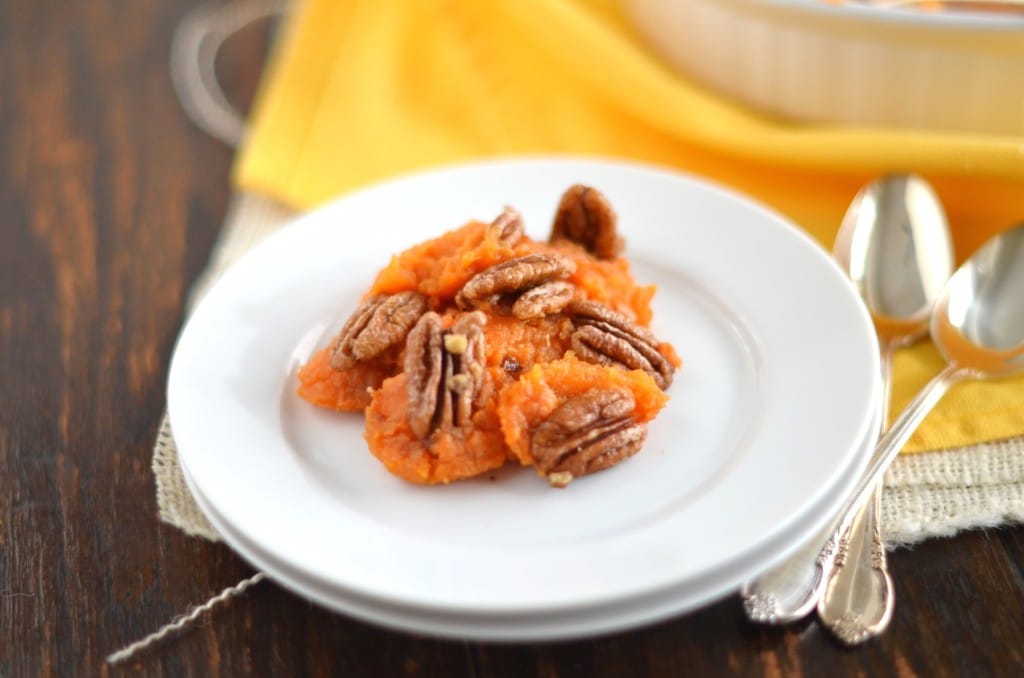 Vegan Sweet Potato Casserole with Candied Pecans on plate - 24 Carrot Kitchen