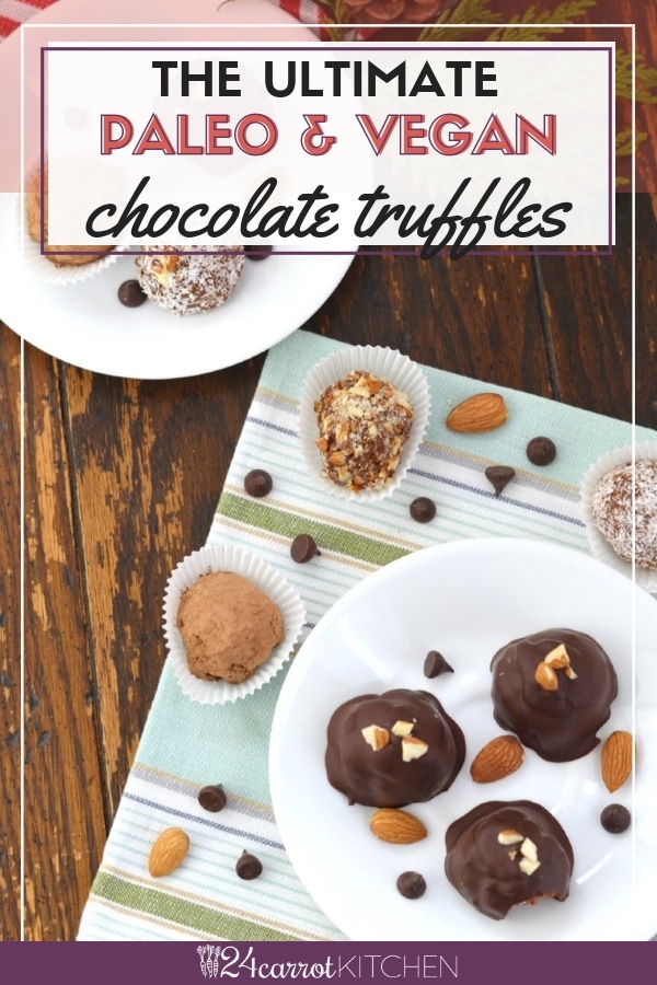 Paleo & vegan chocolate truffles on table.