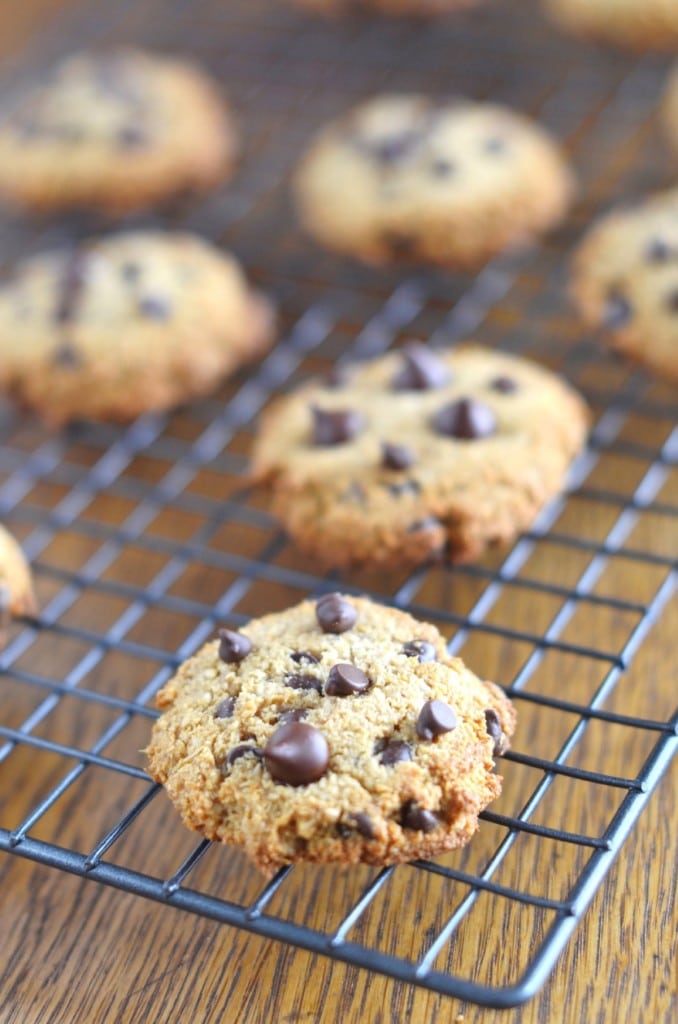 Gluten-free vegan chocolate chip cookies on cooling rack- 24 Carrot Kitchen