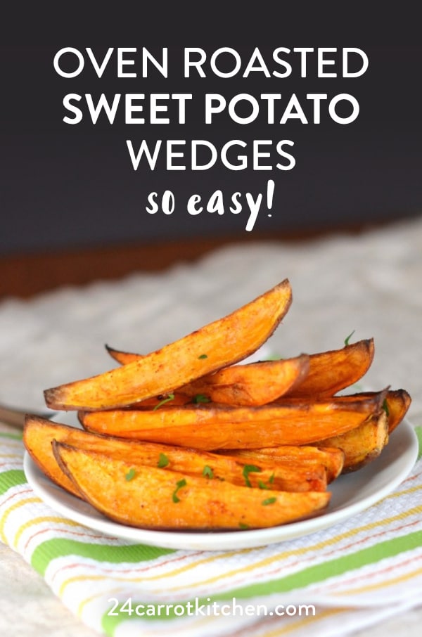 Justa few ingredients and a quick prep time are required for this amazing Paleo side dish. Amazing oven roasted sweet potato wedges! #Paleosides #Paleo #sweetpotatoes #grain-free #gluten-free #dairy-free via 24carrotkitchen.com