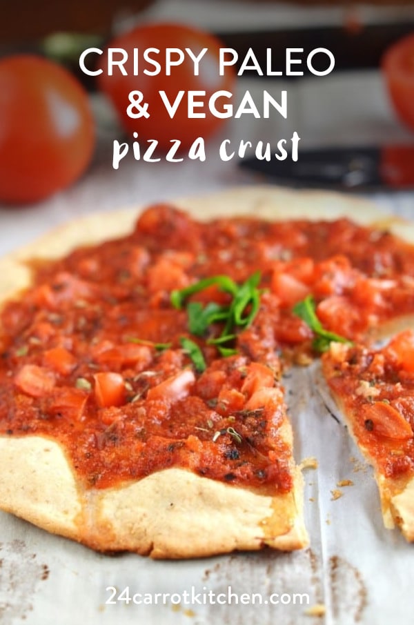 Enjoy a crispy, homemade, Paleo & Vegan pizza crust! Add tomato sauce and your favorite toppings. Or just add olive oil and some herbs. You will love the texture and the easy to roll dough that comes out perfect every time! #Paleo #pizza #gluten-free #dairy-free #vegan