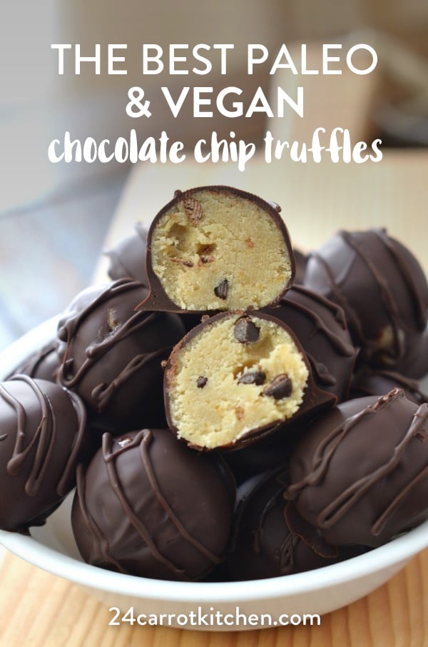 Make Paleo & Vegan Chocolate Chip Cookie Dough Paleo Balls as a healthy dessert! #Paleo #vegan #grain-free #gluten-free #dairy-free #Paleodesserts #vegandesserts #chocolatechip #cookiedough