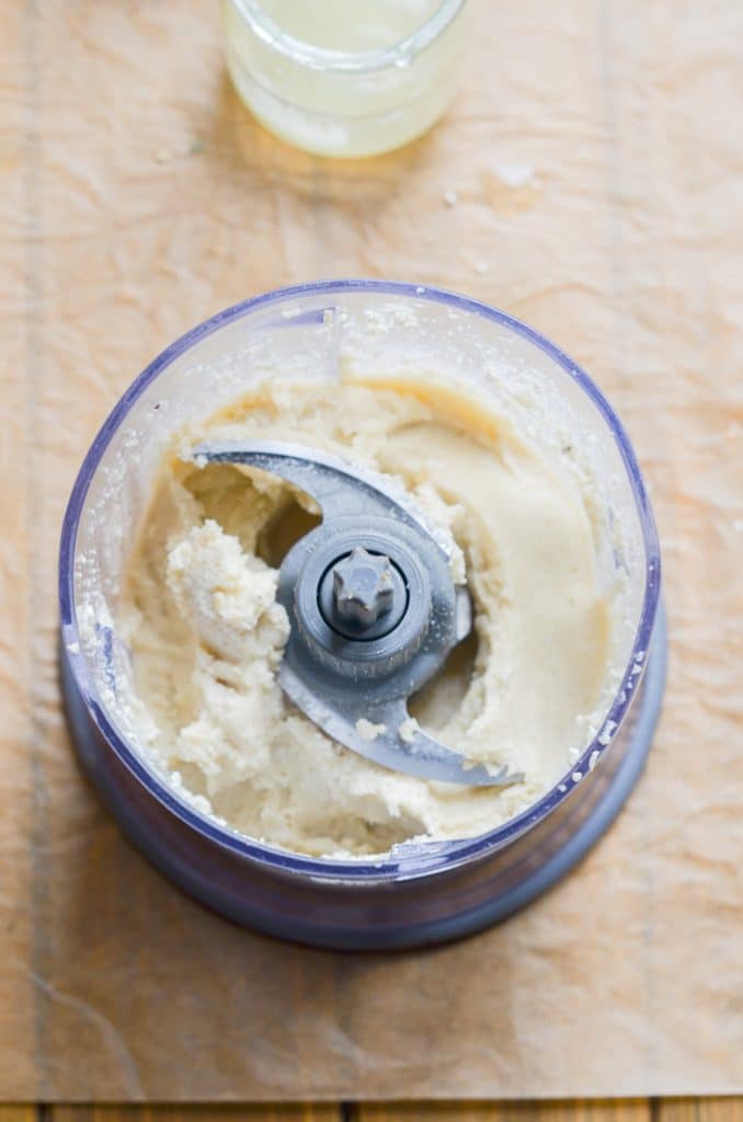 Vegan cream cheese blended in food processor.