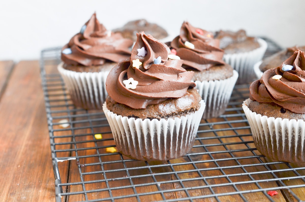 Paleo chocolate cupcakes with chocolate frosting and sprinkles.