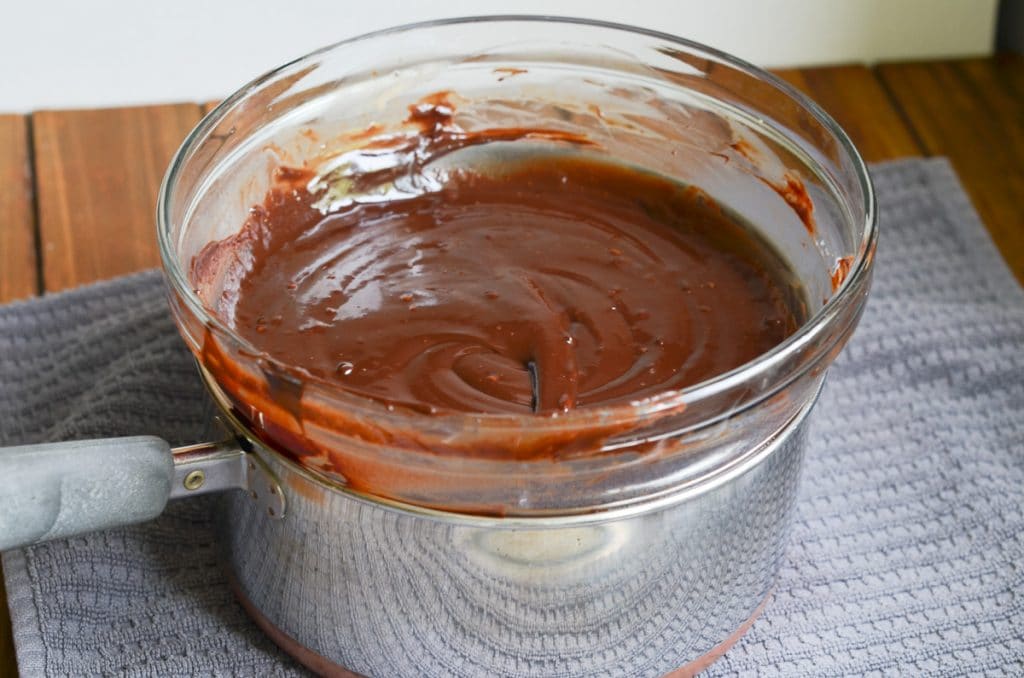 dairy-free chocolate ganache melted in pot.