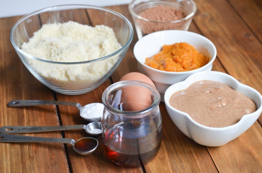 Ingredients for Paleo Chocolate Cake recipe on a table.