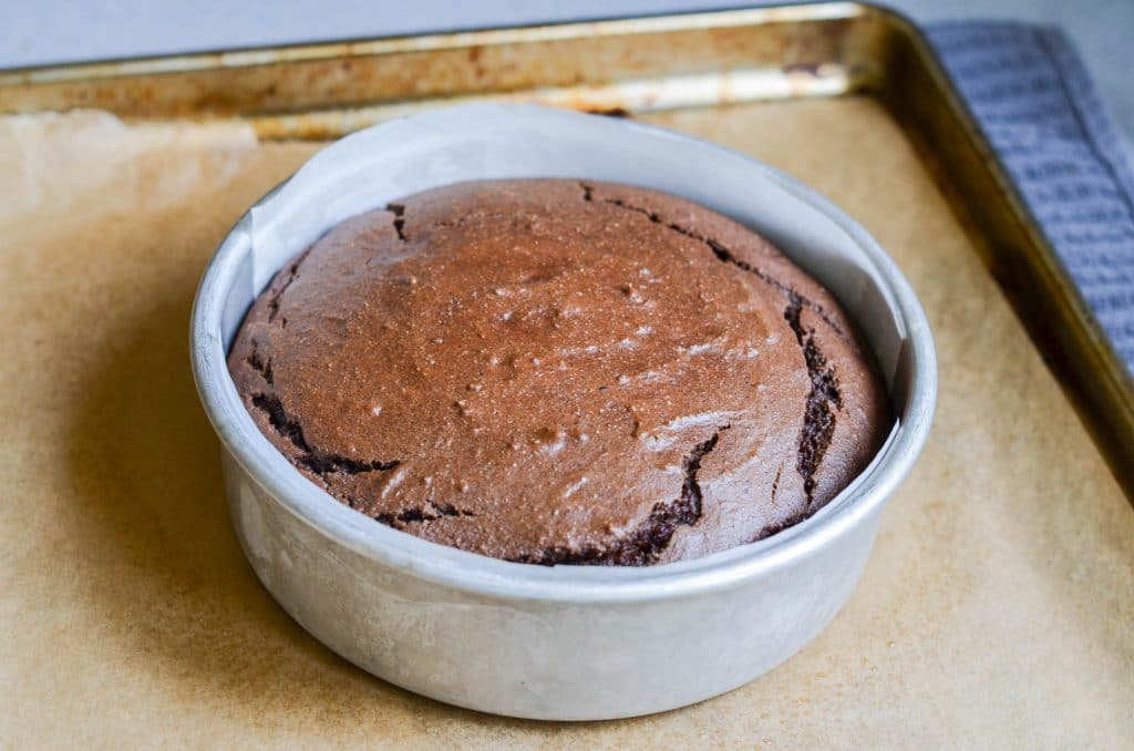 Paleo Chocolate Cake in 8" round pan baked and cooling - 24 Carrot Kitchen