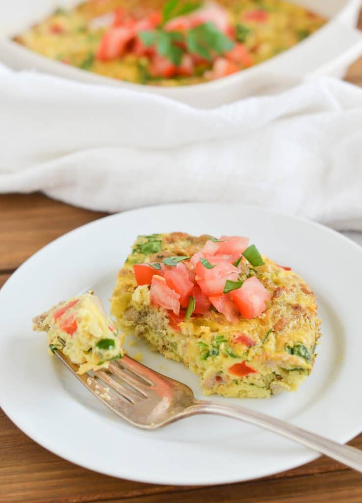 Paleo Breakfast Casserole Slice on a plate- 24 Carrot Kitchen