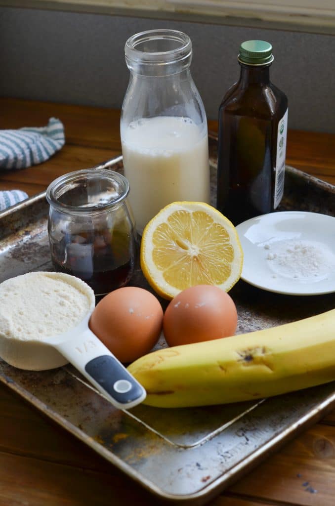 Ingredients for Coconut Flour pancakes on counter.